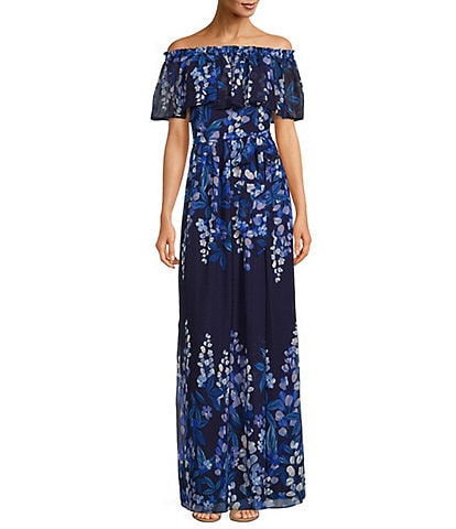 Eliza J Floral Print Popover Off-the-Shoulder Ruffle Short Sleeve Maxi Dress