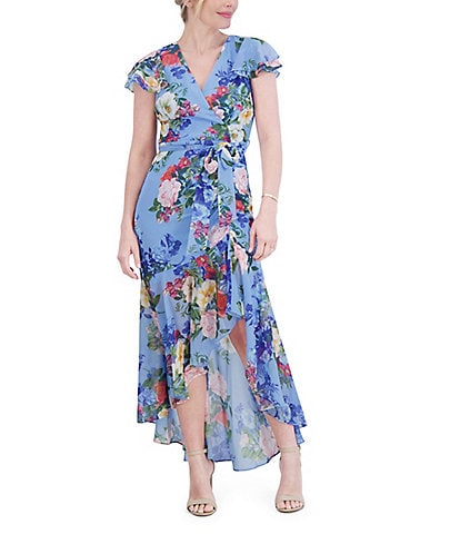 Eliza J Floral Print V-Neckline Ruffle Cap Sleeves Wrap Waist Asymmetrical Hem Dress