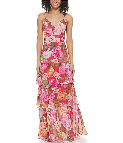 Eliza J Floral Printed Chiffon V-Neck Sleeveless Tiered Gown