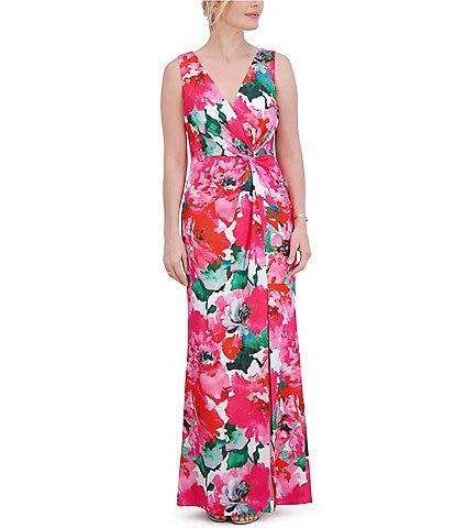 Eliza J Floral Satin Surplice V-Neck Sleeveless Twist Front Side Slit A-Line Gown