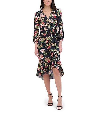 Eliza J Floral Satin V-Neck Long Sleeve High Low Flounce Hem Wrap Dress