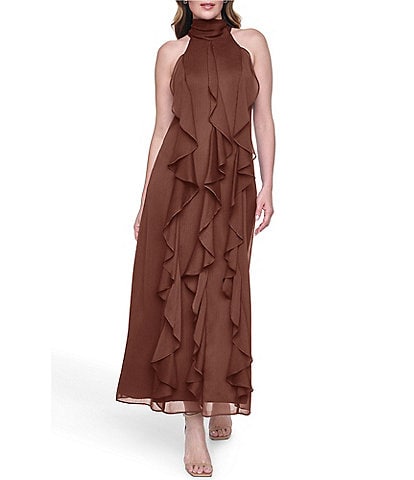 Eliza J Halter Chiffon Cascading Ruffle Maxi Dress
