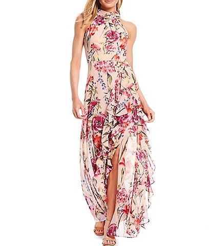 Eliza J Halter Neck Floral Print Chiffon Sleeveless Side Slit Cascade Ruffle Maxi Dress