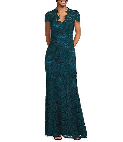 Eliza J Illusion Lace Neck Cap Sleeve V-Neck Mermaid Gown