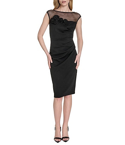 Eliza J Illusion Mesh Boat Neck 3D Flower Applique Side Ruched Scuba Crepe Sheath Dress