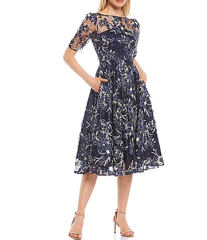 Eliza J Illusion Boat Neck Short Sleeve Sequin Embroidered Floral Lace Midi Dress