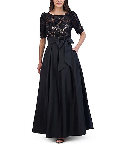 Eliza J Lace Boat Neck Elbow Sleeve Taffeta Bow Pleated Gown