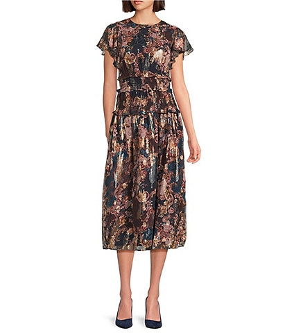Eliza J Metallic Chiffon Flutter Sleeve Smocked Fit and Flare Printed Midi Dress