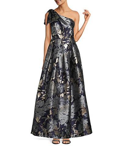 Eliza J Metallic Floral Print One Shoulder Bow Detailed Box Pleated A-Line Gown