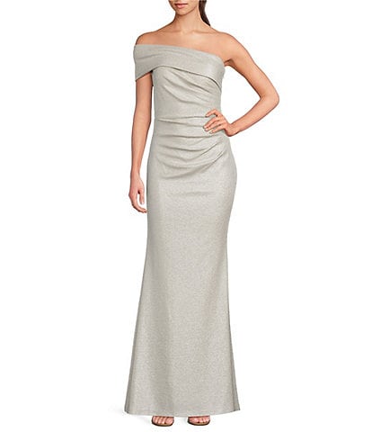 Eliza J Off-the-Shoulder Short Sleeve Side Ruched Foiled Knit Sheath Gown