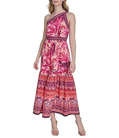 Eliza J One Shoulder Tropical Floral Print Tiered A-Line Midi Dress