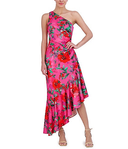 Eliza J Petite Size One Shoulder Sleeveless Ruffle Hem Floral satin Midi Dress