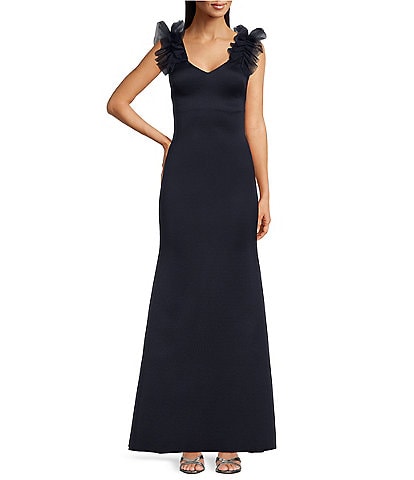 Eliza J Petite Size Sleeveless V-Neck Ruffle Shoulder Scuba Fit and Flare Gown