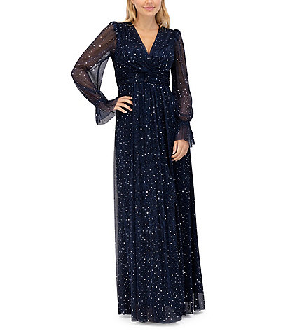 Eliza J Pleated Metallic Knit V-Neckline Puff Shoulder Long Sleeve Gown