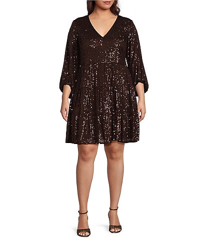 Eliza J Plus Size 3/4 Balloon Sleeve V-Neck Sequin Sheath Dress