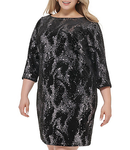 Eliza J Plus Size 3/4 Sleeve Boat Neck Sequin Velvet Shift Dress