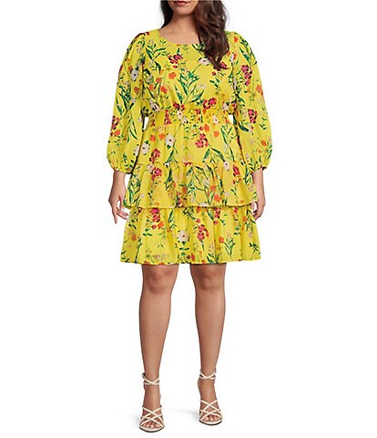 Eliza J Plus Size 3/4 Sleeve Crew Neck Floral Chiffon Sheath Dress