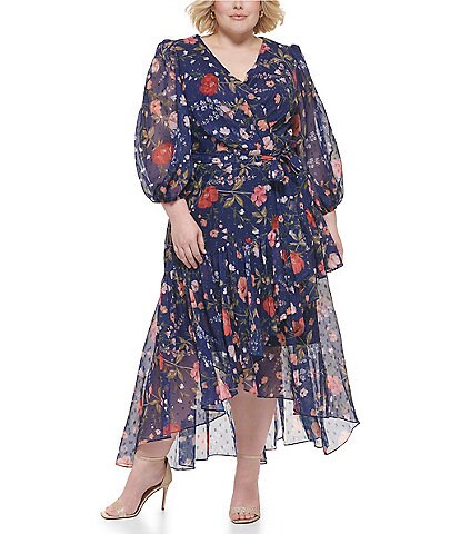 Eliza J Plus Size 3/4 Sleeve V-Neck Floral Metallic Print Chiffon Midi Dress