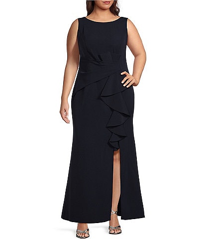 Eliza J Plus Size Crepe Sleeveless Boat Neck Front Ruffle Slit A-Line Gown