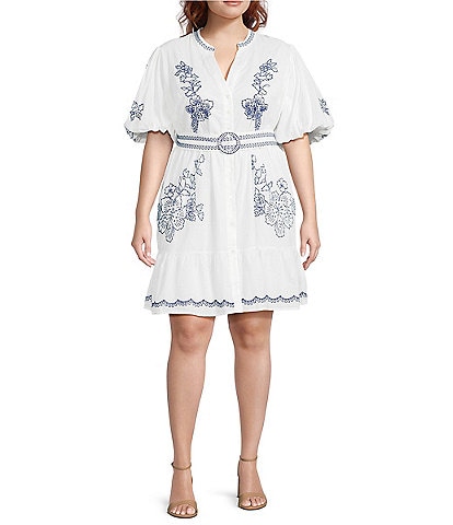 Eliza J Plus Size Embroidered Split V-Neckline Short Sleeve Shirt Dress