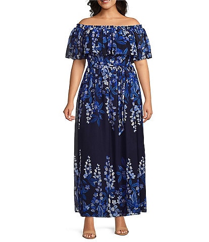 Eliza J Plus Size Floral Print Chiffon Popover Off-the-Shoulder Short Sleeve Tie Waist Maxi Dress