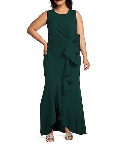 Eliza J Plus Size Laguna Crepe Crew Neck Sleeveless Ruffle Bow Gown