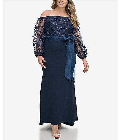 Eliza J Plus Size Long Sleeve Off-the-Shoulder Bow Waist Embroidered Lace Gown