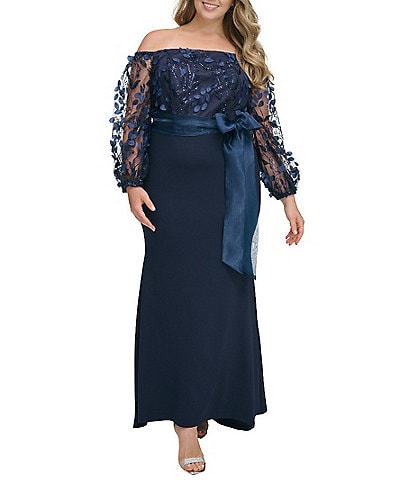 Eliza J Plus Size Long Sleeve Off-the-Shoulder Bow Waist Embroidered Lace Gown