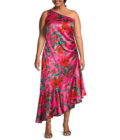 Eliza J Plus Size One Shoulder Sleeveless Ruffle Hem Floral Satin Midi Dress