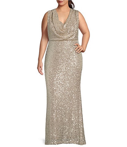 Eliza J Plus Size Sequin Halter Cowl Neck Sleeveless Gown