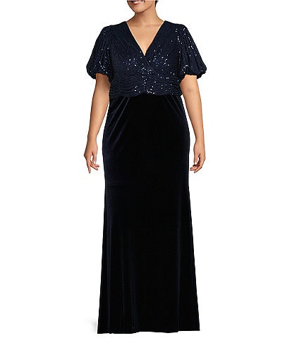 Eliza J Plus Size Sequin Velvet V-Neck Short Puff Sleeve Pleated Waist Mermaid Gown