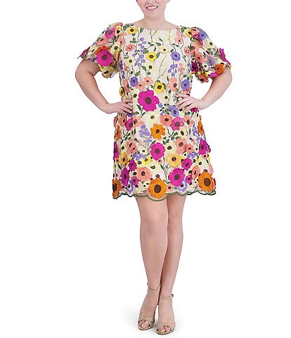 Eliza J Plus Size Short Puff Sleeve Crew Neck 3D Flower Dress