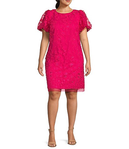 Eliza J Plus Size Short Puffed Sleeve 3D Floral Applique Shift Dress