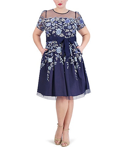 Eliza J Plus Size Short Sleeve Illusion Crew Neck Tie Waist Embroidered Dress