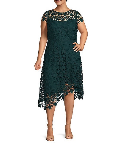 Eliza J Plus Size Short Sleeve Round Neck Asymmetrical Hem Lace Midi Dress