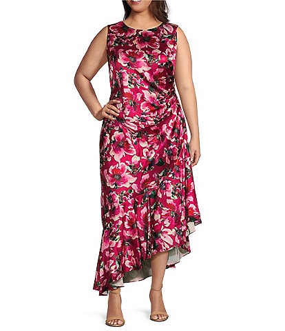Eliza J Plus Size Sleeveless Crew Neck Asymmetrical Ruffle Hem Floral Midi Dress