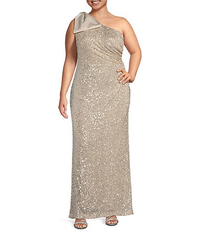 Eliza J Plus Size Sleeveless One Shoulder Satin Bow Sequin Gown