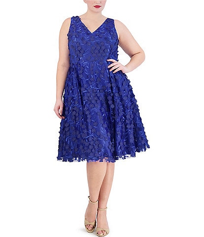 Eliza J Plus Size Sleeveless V-Neck 3D Floral Fit And Flare Dress