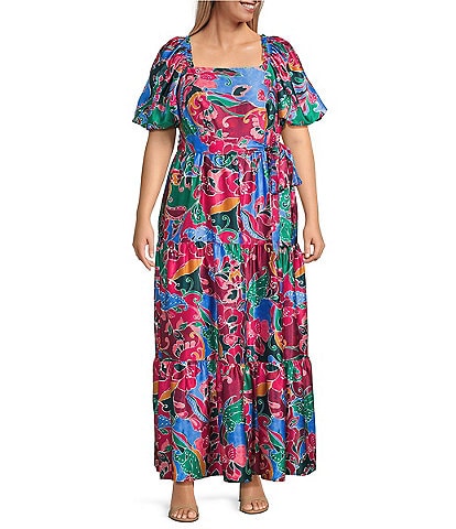 Eliza J Plus Size Square Neck Short Puffed Sleeve Crepe Satin A-Line Tiered Dress