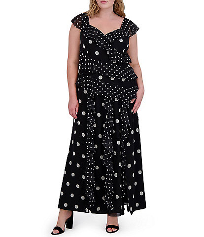 Eliza J Plus Size V Neck Flutter Sleeve Polka Dot Asymmetrical Ruffle Gown