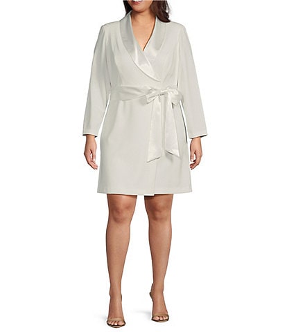 Eliza J Plus Size V-Neck Long Sleeve Scuba Crepe and Satin Tuxedo Sheath Dress