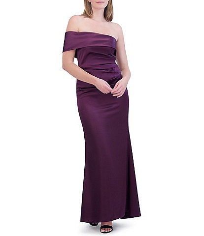 Eliza J Satin Off The Shoulder One Sleeve Pleated Gown