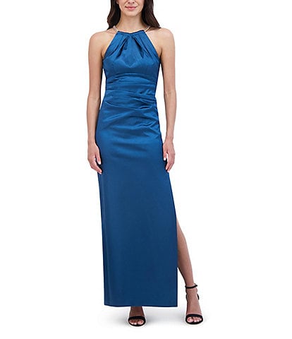 Eliza J Satin Round Halter Neck Sleeveless Pleated Column Gown