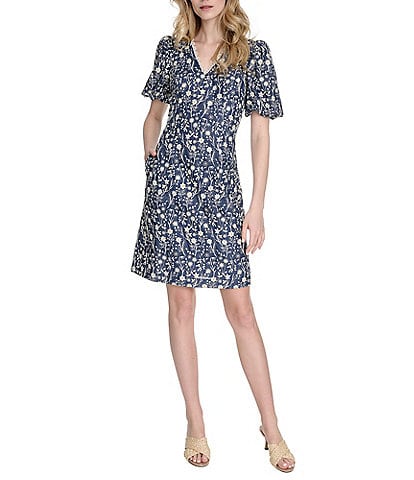 Eliza J Scallop V-Neck Puff Sleeve Embroidered Denim A-Line Dress