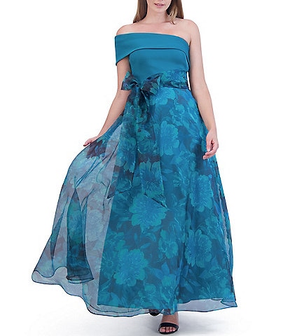 Eliza J Scuba Organza Floral Print Skirt One Shoulder Neckline Short Sleeve Tie Waist Bow Gown
