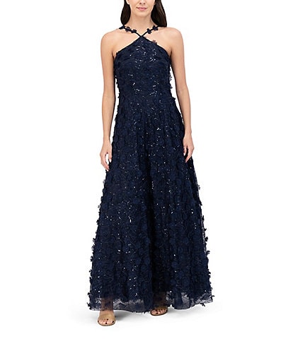 Eliza J Sequin and 3D Flower Halter Neck Sleeveless Ball Gown