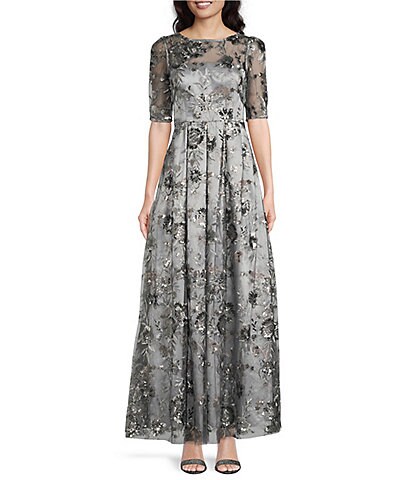 Eliza J Sequin Embroidery Boat Neck Short Sleeve Gown