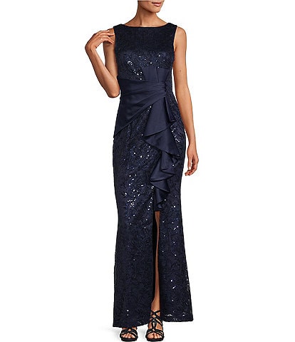 Eliza J Sequin Lace Boat Neck Sleeveless Ruffle Front Slit Gown