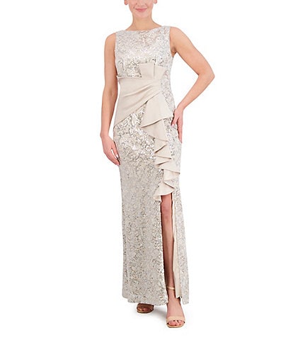 Eliza J Sequin Lace Boat Neck Sleeveless Ruffle Front Slit Gown