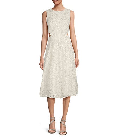 Eliza J Sequin Lace Crew Neck Sleeveless Fit and Flare Dress with Bodice Cut Outs